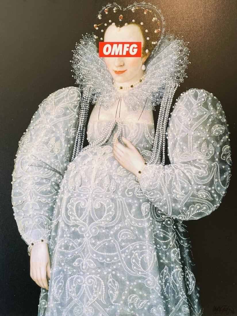 Large Glicee Art Piece OMFG, #1 of 10, Signed/Dated: After Marcus Gheeraerts II. Portrait of an Unknown Lady which appears to be pregnant. The piece is signed, dated and is number 1 of a limited edition of 10. We cannot make up the signature. Measuremen
