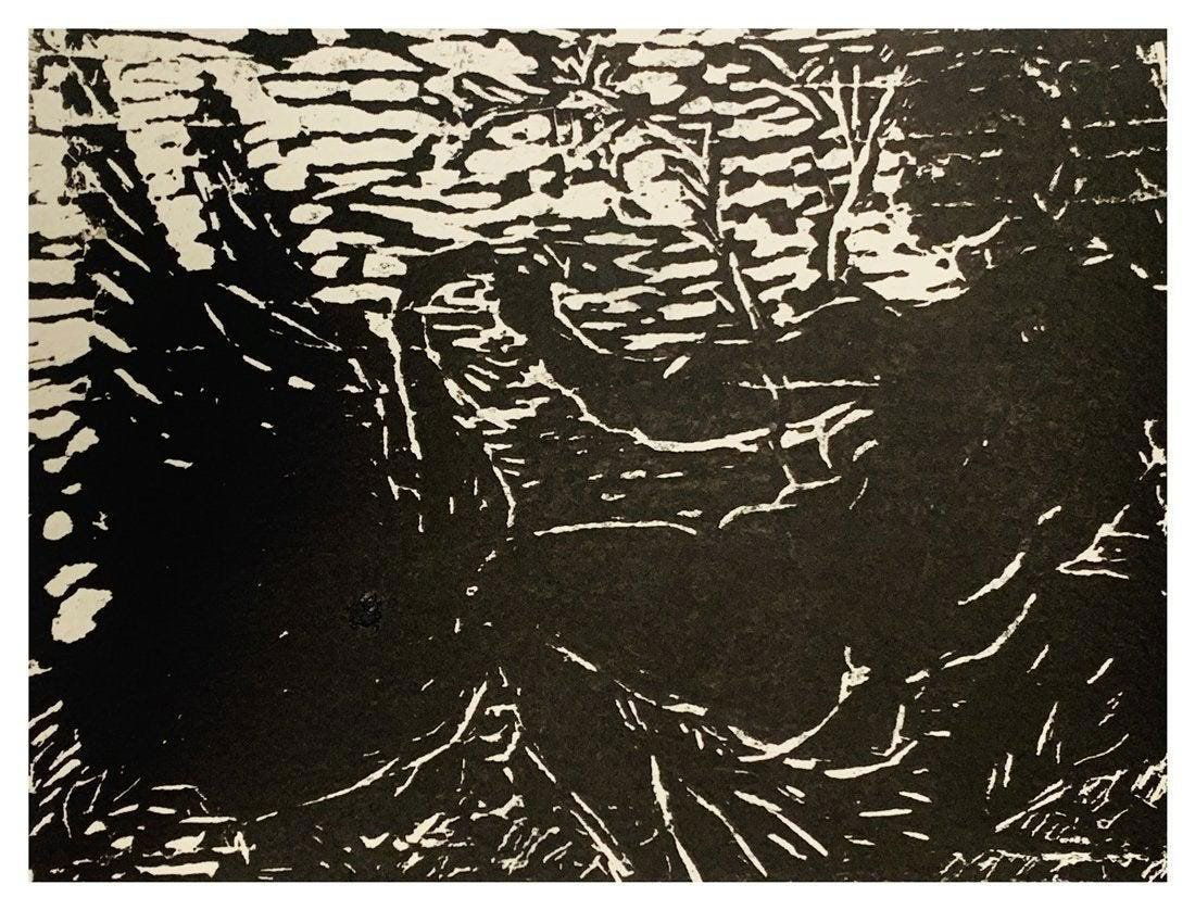 Woodcut of Leda and the Swan by Oscar Murillo: Beautiful woodcut artpiece depicting Leda and the Swan.The piece shows Leda laying on her side while touching the swan. The piece is beautiful and in excellent condition.Stamped to the back. Measureme