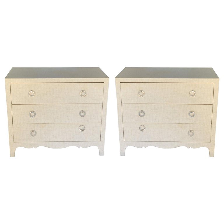 Dressers Embossed in Raffia in the Karl Springer Style: Beautiful vintage dressers embossed in raffia in the style of Karl SPringer.The dressers have 3 drawers each with metal pulls.The are very modern and fo well with many decor styles.Measurements:34 inc