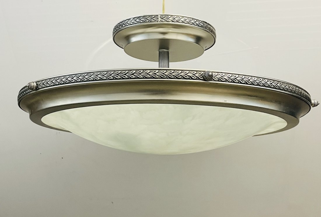 Large Chandelier Made in Spain: Beautiful chandelier with an antique nickel frame and a reverse painted glass shade. The piece is made in Spain. Measurements: 25.50 inches in diameter x approximately 12 inches high. All items are so