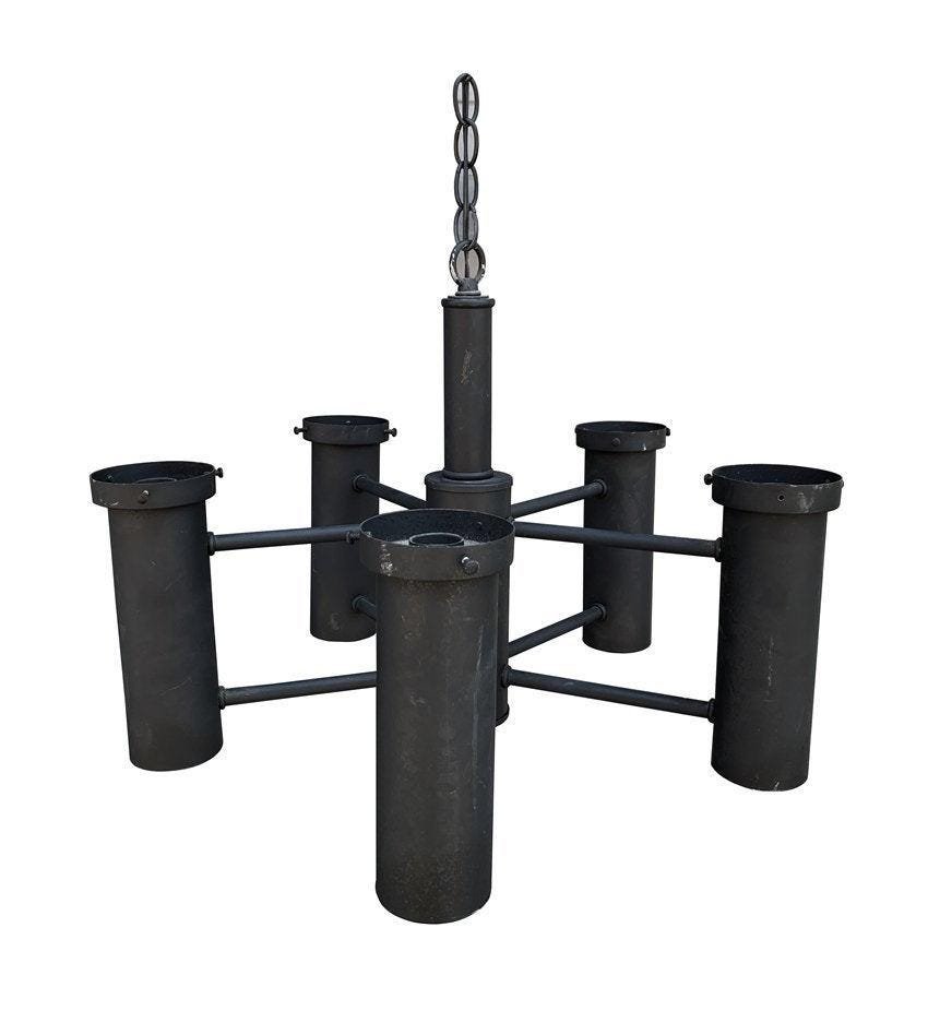Vintage 5 Arm chandelier in Painted Metal: Vintage 5 arm chandelier in steel and powder coated in black paint. The piece dates from the 60-70's and shows well. The piece is hardwire. Measurements: 21 inches in diameter x 15 inches high without