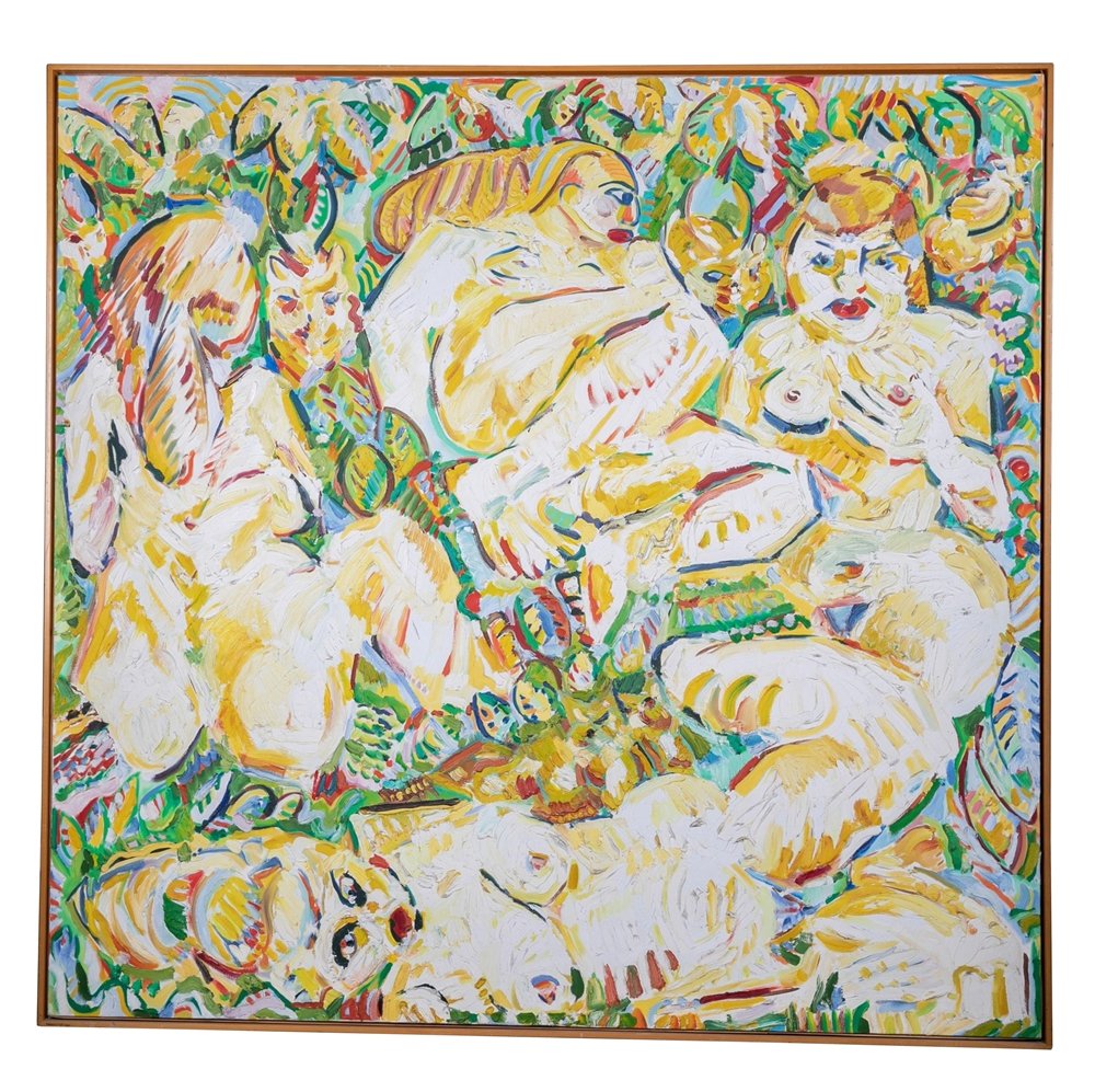 Lrg painting w/ Nude Figures Signed Gilliam 81, 65x68: Large painting in beautiful bold colors depicting 4 nude reclining figures. The piece has great attention to detail. The piece is signed Gilliam and dated 81 Measurements: 65.50 inches high x 68 inche