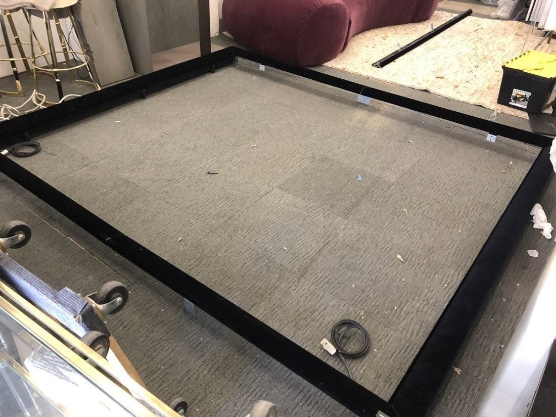 Home Theater Screen by Seymour Screen Excellence: Home theater screen by Seymour Excellence, the piece is upholstered in black material, we have the screen however we did not assembled or tested the unit. IT DOES COME WITH THE WHITE SCREEN All items 
