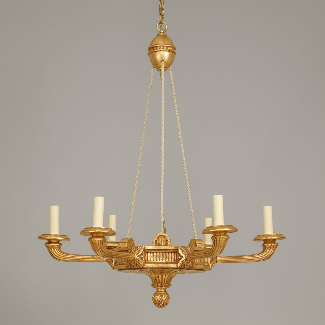 Courcelles Chandelier by Vaughan Designs: Based on an original Louis XVI antique we discovered in France, this chandelier has a neo-classical aesthetic. Decorative details, like the rope effect on the arms and patterned finial, are intricatel