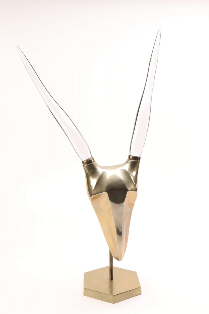 Brass & crystal antelope sculpt, style of Karl Springer: Brass & crystal antelope sculpture, unsigned,style of Karl SpringerMeasurements:16.0 inches wide x 6.50 inches deep x 29.75 inches highAll items are sold as is. The auction house does not warrant auth