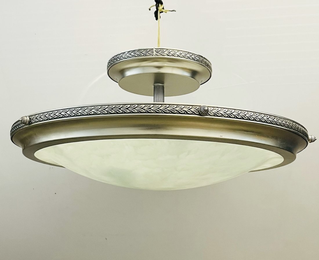 Large Chandelier Made in Spain: Beautiful chandelier with an antique nickel frame and a reverse painted glass shade. The piece is made in Spain. Measurements: 25.50 inches in diameter x approximately 12 inches high. All items are so