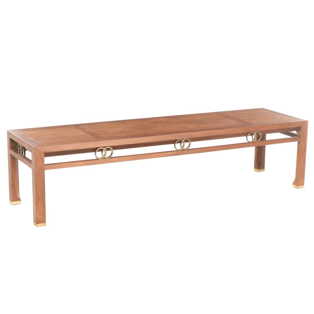 Coffee Table, Far East Collection: Michael Taylor for his Far East collection walnut and brass cocktail table designed for Baker in the 1950s.The side rails have eight pairs of polished brass rings as decorative spacers and the sculpte