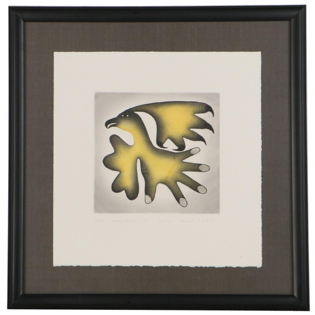 -Clutch- Etching with Aquatint by Kenojuak Ashevak: Kenojuak Ashevak (Inuit/Canadian, 1927 â€“ 2013) Clutch, 2012 Etching with aquatint on paper Signed to the lower right Numbered 14/50 Blind stamp to the lower left Item not examined outside of mo