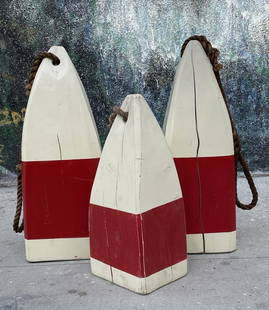 Set of 3 Vintage Style Bouyes: Nice set of 3 solid wood (heavy) buoys.Measurements:33 inches high x 12.50 inches wide 1.75 inches deepRope alone is 31 inches in length.2nd:33 inches high x 12.50 inches wide x 11.75 inches deep