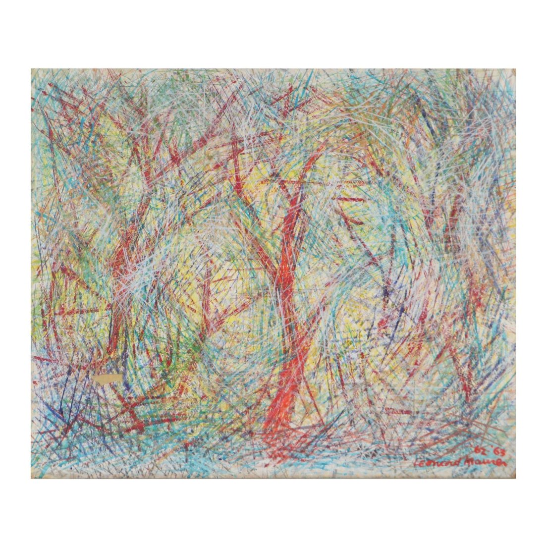 Leonard Maurer Abstract Acrylic Painting, ICE STORM: Leonard Maurer (District of Columbia, 1912 â€“ 1976) Ice Storm, 1962-63 Acrylic on paperboard Signed to lower right Inscribed to verso Measurements: 24 inches wide x 20 inches high x 0.13 inches 