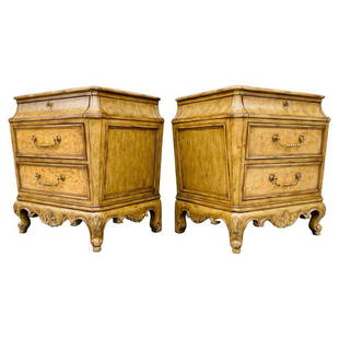 Pair of Vintage Nightstands or Commodes With Marble Top: Beautiful pair of vintage nightstands or commodes with marble inserts and brass hardware.The pieces have beautiful lines, ornate carved legs, some foliage design on the front of the drawers and a