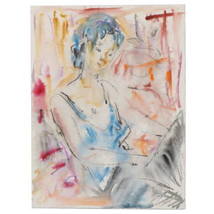 Murat Kaboulov Embellished Figural Watercolor Painting: Murat Kaboulov (Russian/American, 1939-2010)Untitled, circa 2000Watercolor painting with charcoal embellishements on paperArtistâ€™s blind stamp to the lower rightMeasurements:12.50 inches wide