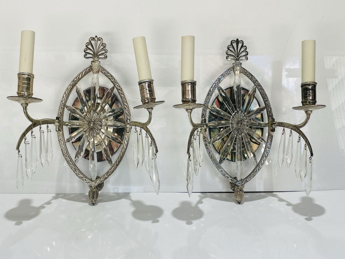 Pair of Neoclassical Style Wall Sconces, Silver Plate & Crystal (1 of 14)