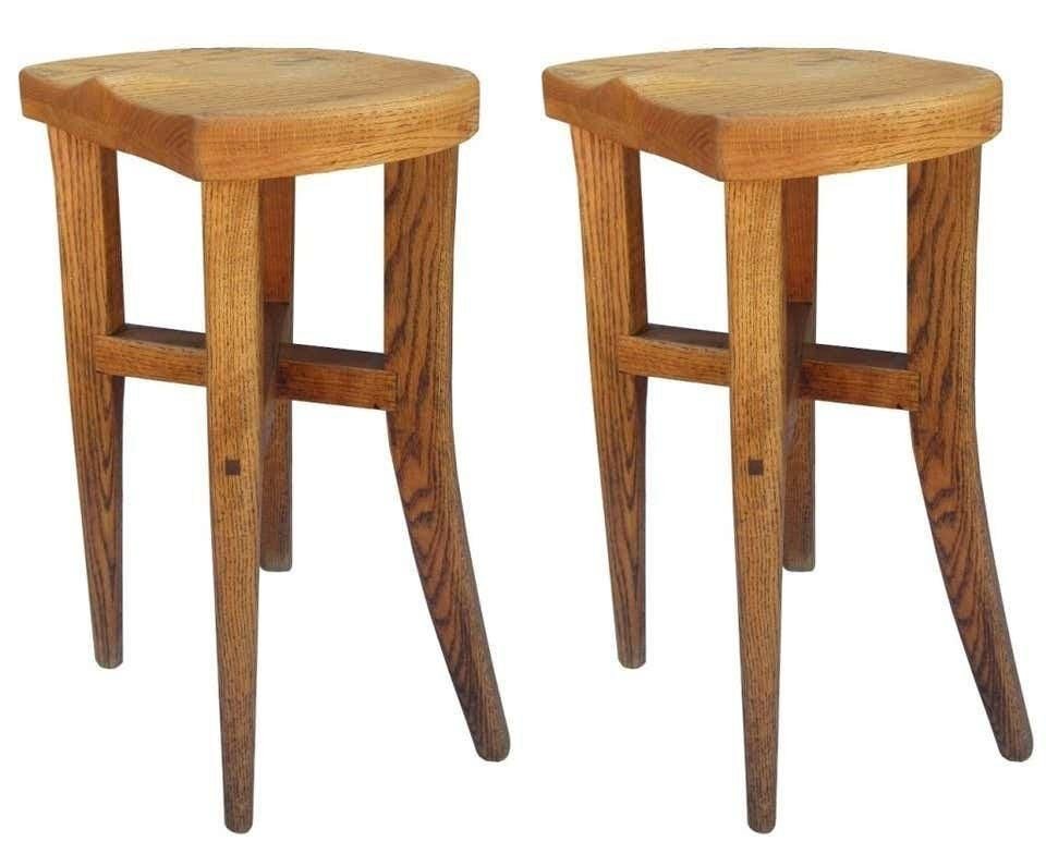 Pair of Victor DiNovi Oak Sculptural Stools, USA,1970s: Beautiful pair of stools designed and handmade by Victor DiNovi from Santa Barbara California in 1978.These stools have beautiful architectural lines and they are very sturdy.The stools are hand signe