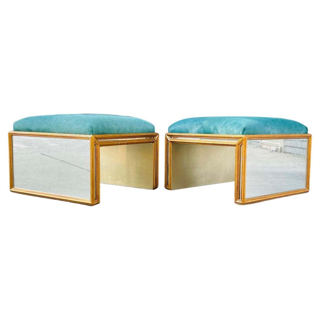 Pair of Regency Style Benches with Green Pony Hair Upholstery & Antique Mirror (1 of 19)