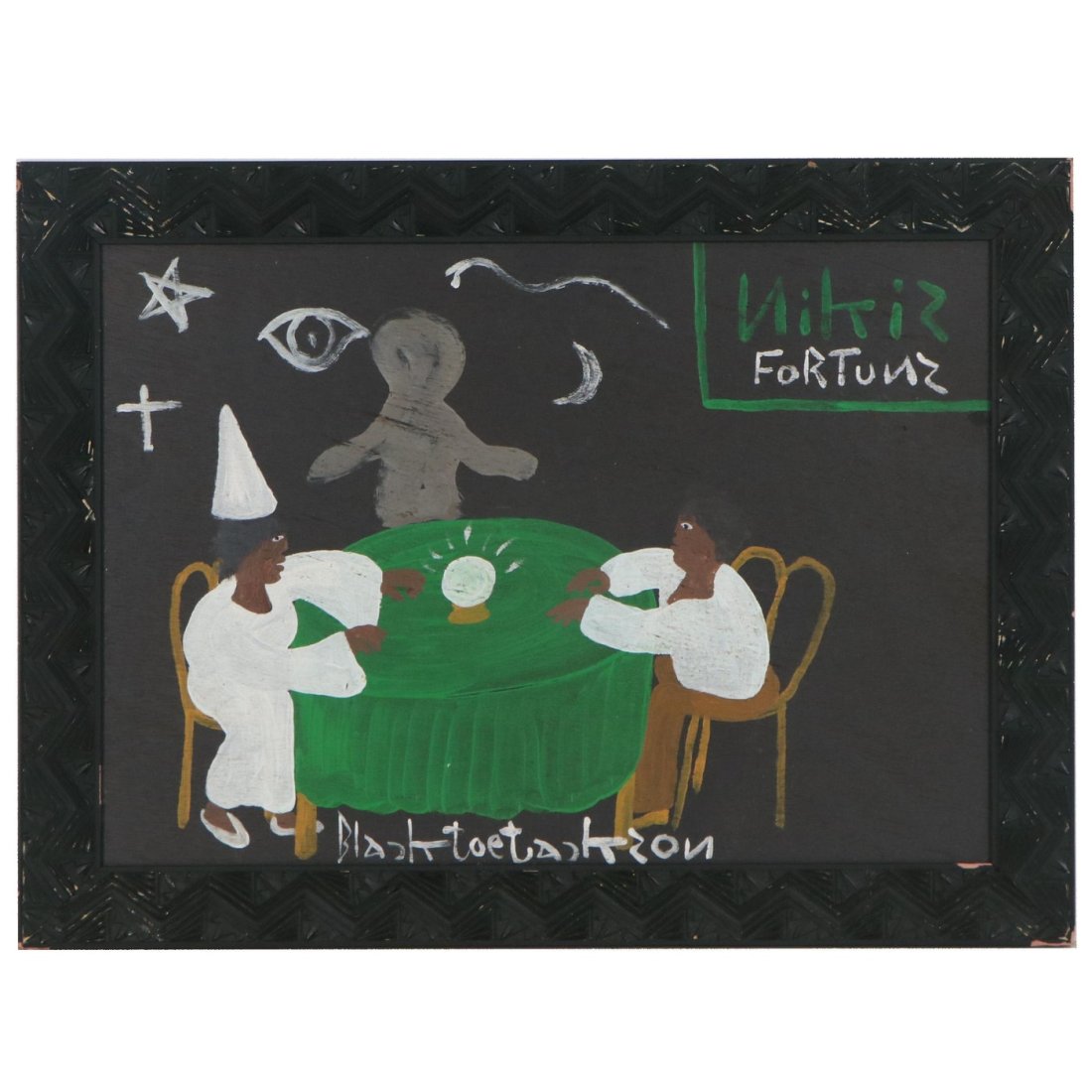 Folk Art Acrylic Painting "Nikis Fortuns" by Black Joe Jackson: Black Joe Jackson (American, 1922 â€“ 1997) Nikis Fortuns Acrylic painting on board Signed to the lower center Measurements: 26.25 inches wide x 19.50 inches high x 1 inch projection from the wal