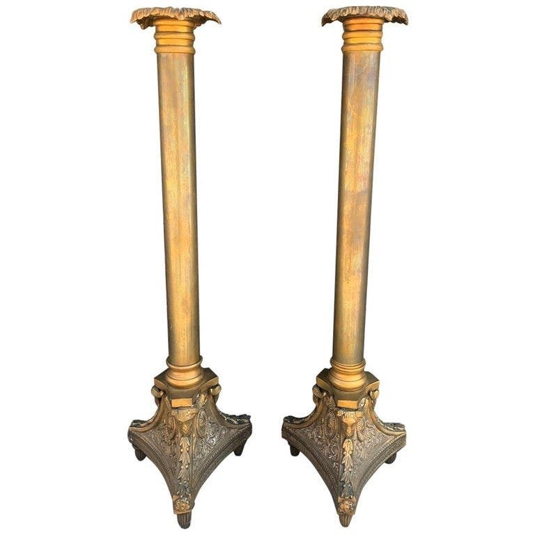 Pair of tall candle holders in bronze Signed A.K (1 of 13)