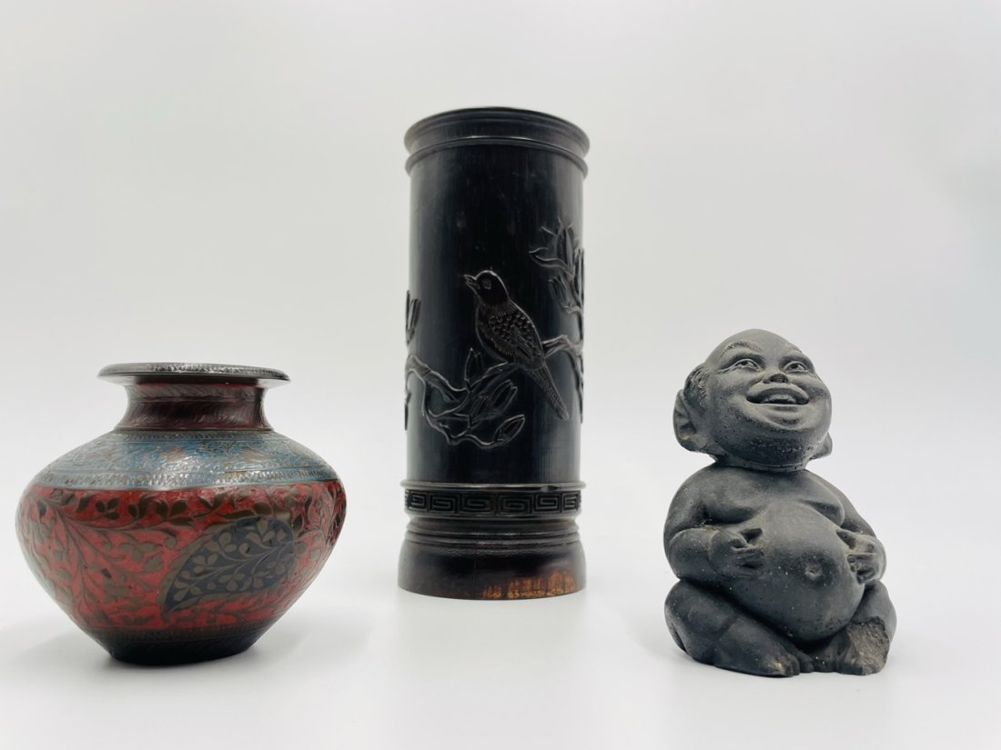 Vintage Cloisonne Vase, Lucky Budda & a Bamboo Carved Vase (1 of 20)