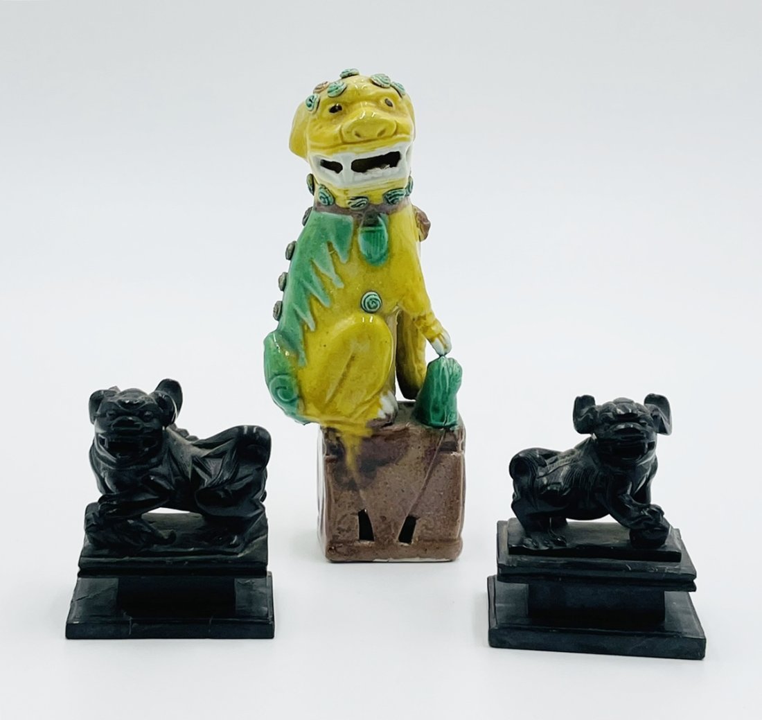 Set of 3 Foo Dog Figurines, One Ceramic & One pair in Black Stone (1 of 20)
