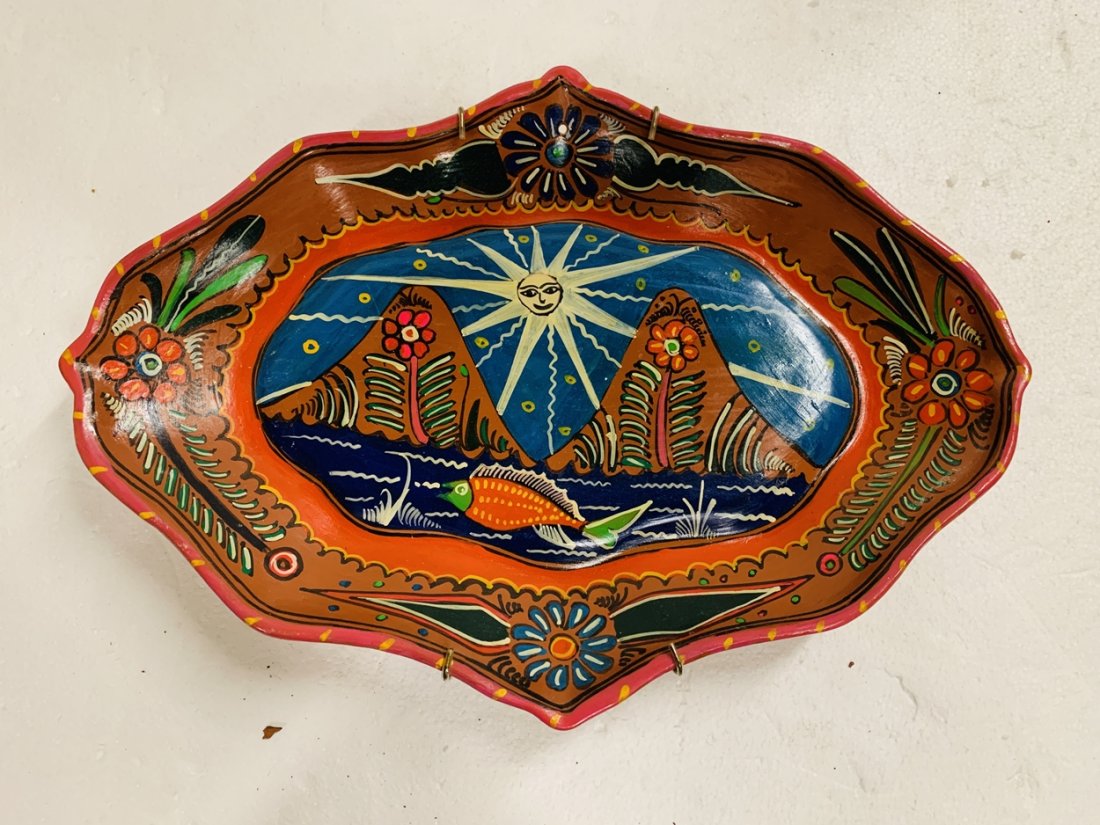 Hand Painted Ocumicho Style Clay Tray: Vintage clay tray made in Michoacan possibly Ocumicho. The piece has a beautiful hand painted scene and is in very good condition. Measurements: 14 7/8 inches wide x 10.50 inches deep x 1.50 inches hi