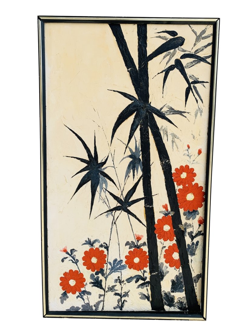 Floral Painting in Canvas, Unsigned: Beautiful floral oil painting depicting colorful flowers and black bamboo foliage. The piece is frame in a brass tone metal frame. Unsigned. Measurements: 37 inches high x 21 inches wide canvas 36 inc
