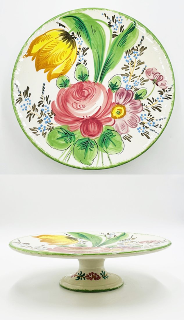 Vintage Hand Painted Cake Platter Stand, Made in Italy: This is a gorgeous Italian hand painted cake pedestal! There is a large pink rose, a pale pink or lavender daisy, and a yellow tulip surrounded by pale blue forget me nots and big green leaves.Measure