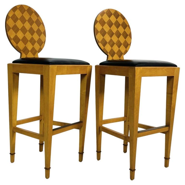 Pair of Paris Hall Harlequin Bar Stools by John Hutton for Donghia: Beautiful pair of barstools designed and manfactured in the USA by John Hutton and manufactured by Donghia.The barstools are part of the Paris Hall collection.The stools are made in solid wood with ch