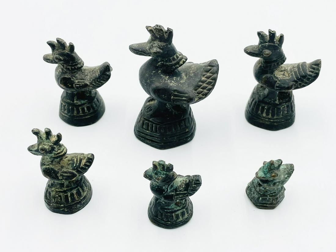 Set of 6 Antique Burmese Opium Weights, Hinta Bird: Style: Classic Hintha Bird style. 6 sided rounded base. Opium weights were used not only as units of opium measurement, but used in everyday transactions where items were traded by weight. They were p