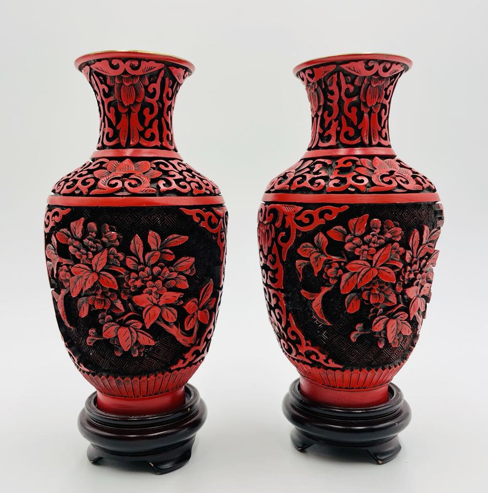 Pair of Chinese Carved Brass, Floral Vases Red & Black (1 of 12)