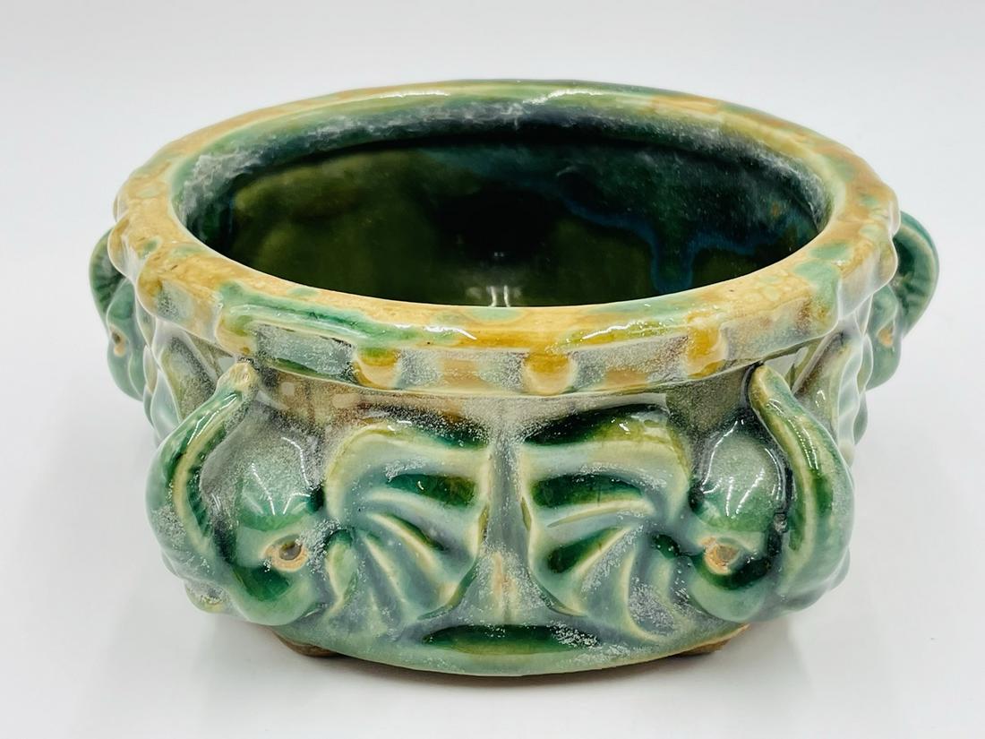 Vintage Majolica Pottery Lucky Trunk Up -5- Elephants Bowl, Signed: Vintage Majolica Lucky trunk up, 5 elephant bowl. The bowl has beautiful attention to detal, deep green and brown colors, Signed. Measurements: 8 inches wide x 8.50 inches in diameter. All items are s