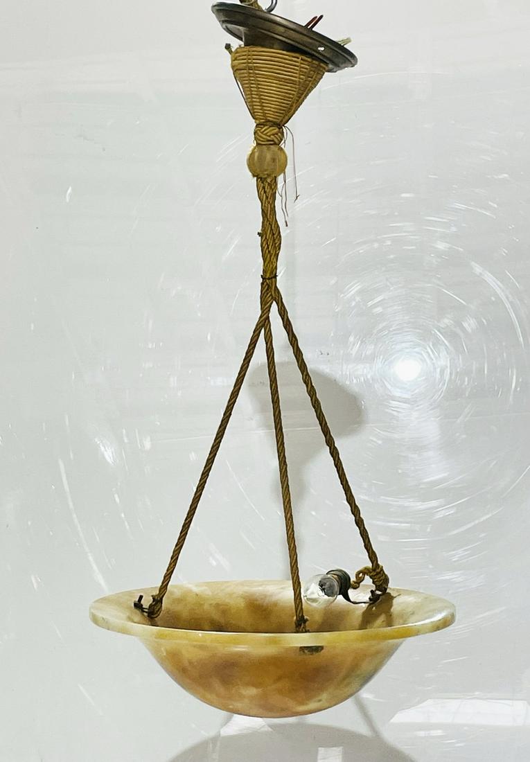 Vintage Alabaster & Brass Chandelier: Beautiful chandelier made in Alabaster with brass and rope accents.Signed J Halie?.Measurements:26 inches high x x 13.75 inches in diameter x 5.75 inches canopy diameter.All items are sold as is. The
