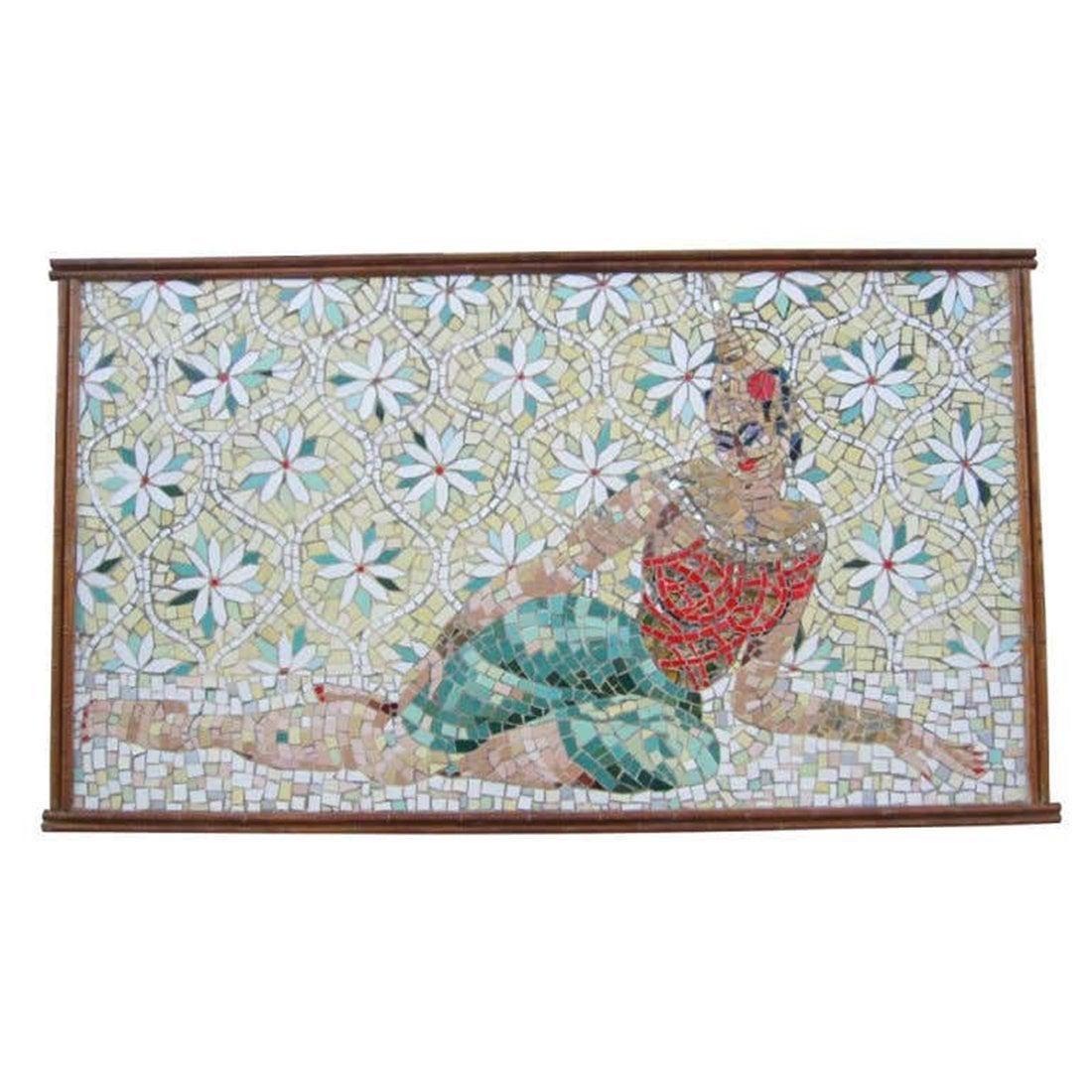 Mosaic Art by Bonnie Jean Malcolm -Cambodian Dancer-: Large wall hanging artwork made of broken pieces of tile in different colors and sizes. The center of the piece has a large image of a Cambodian dancer sitting in the floor. The piece is titled -Cambo