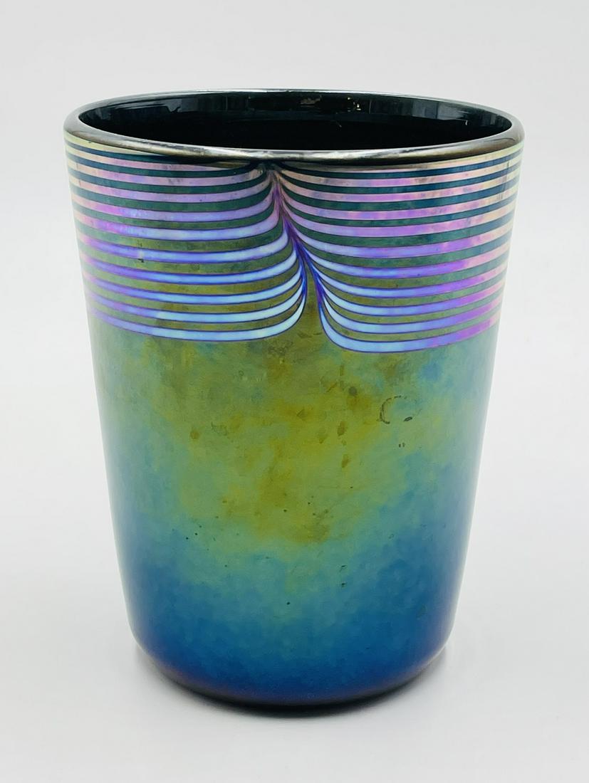 Iridescent Studio Art Glass Vase With Pulled Feather Design by Correai Glass, Signed: Vintage studio art glass vase with an iridescent glaze and pulled feather design by Correia Art Glass, signed. Measurements: 7.50 inches high x 5.75 inches in diameter. Correia Art Glass is of the hig