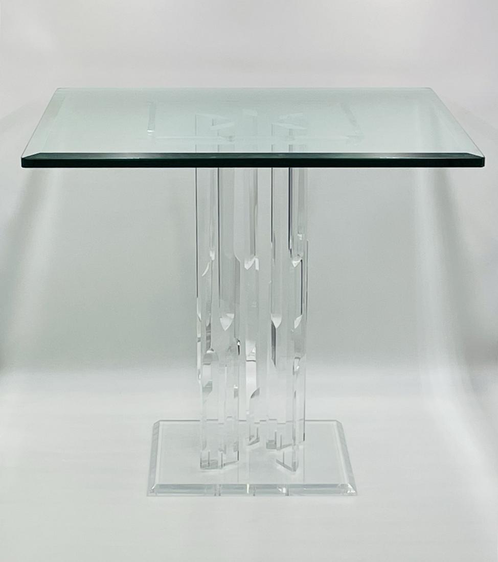 Lucite & Glass Center Table, Stunning Faceted Lucite Pedestal & Beveled Glass: Stunning center table in Lucite and Glass. The Pedestal is made out of thick faceted Lucite, with beveled edges on top and bottom. Excellent attention to detail. Measurements: 24.75 Inches high x 28 i