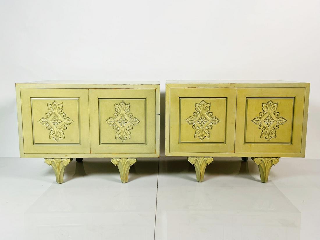 Pair of Vintage Nighstands in the Style of Grosfeld House: Beautiful pair od nighstands or side cabinets in the style of Grosfeld house. Each cabinet was 2 doors and 4 storage cubbies. The front of the doors and legs have a beautiful carved floral design. Mea