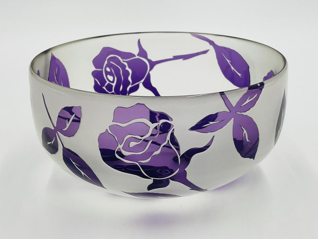 Lilac Flowers Artist Proof Studio Art Glass bowl by Correia, Signed: Large Lilac art glass bowl by Correia Art Glass. This bowl is from a limited edition collection and is marked as Artist Proof, signed and dated 2000. Measurements: 7 inches in diameter x 3.75 inches h