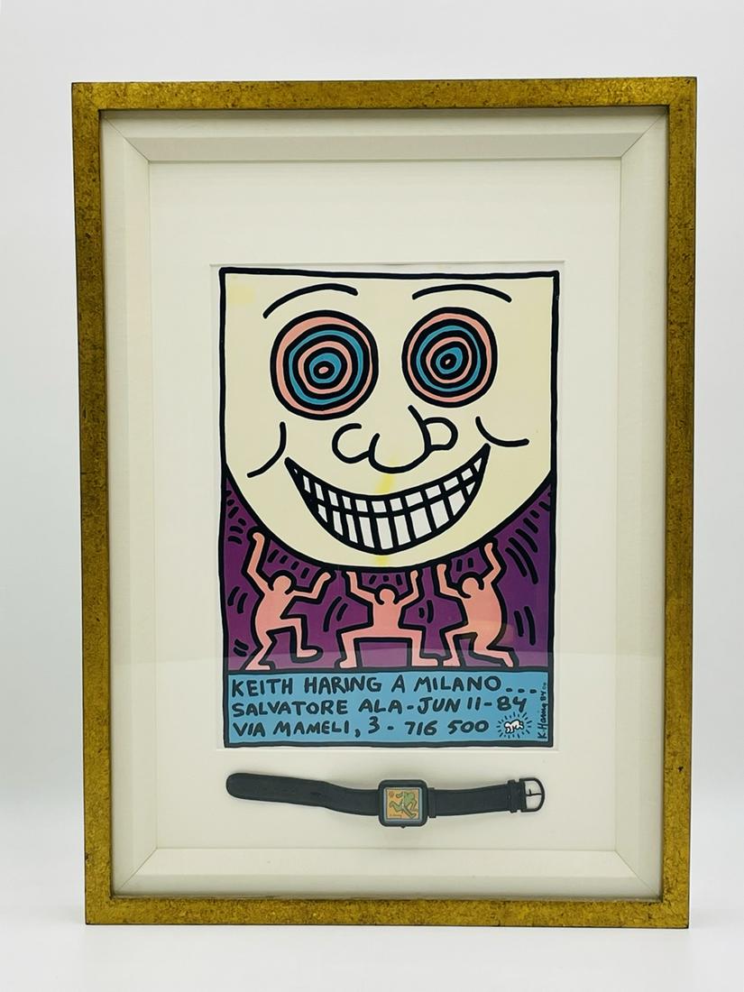 Keith Haring A Milano Exhibition Lithograph, Watch & a Post Card: 1984 Keith Haring exhibition lithograph and watch, the watch appears to have never been worn. The postcard is attached to the back of the frame. Measurements: 23 inches high x 16.75 inches wide x 1.