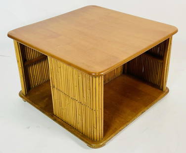 Square Coffee Table attb to Paul Frankl: Beautiful coffee table made with blond wood and bamboo, the design is very similar to those by Paul Frankl however the table is not labeled.  The table has plenty of storage space and is perfect for s