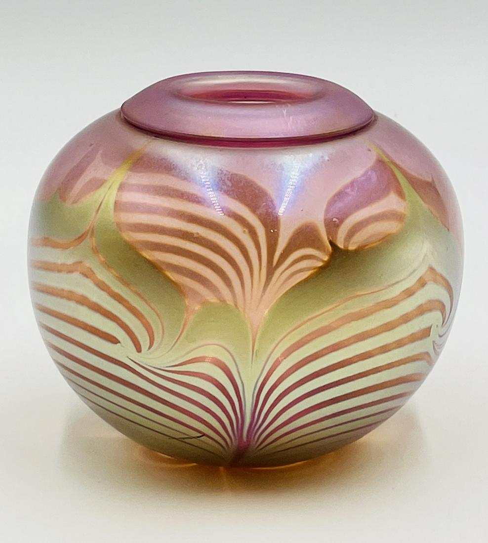 Signed Studio Art Glass Iridescent Pulled Feather Vase Signed & Dated (1 of 9)