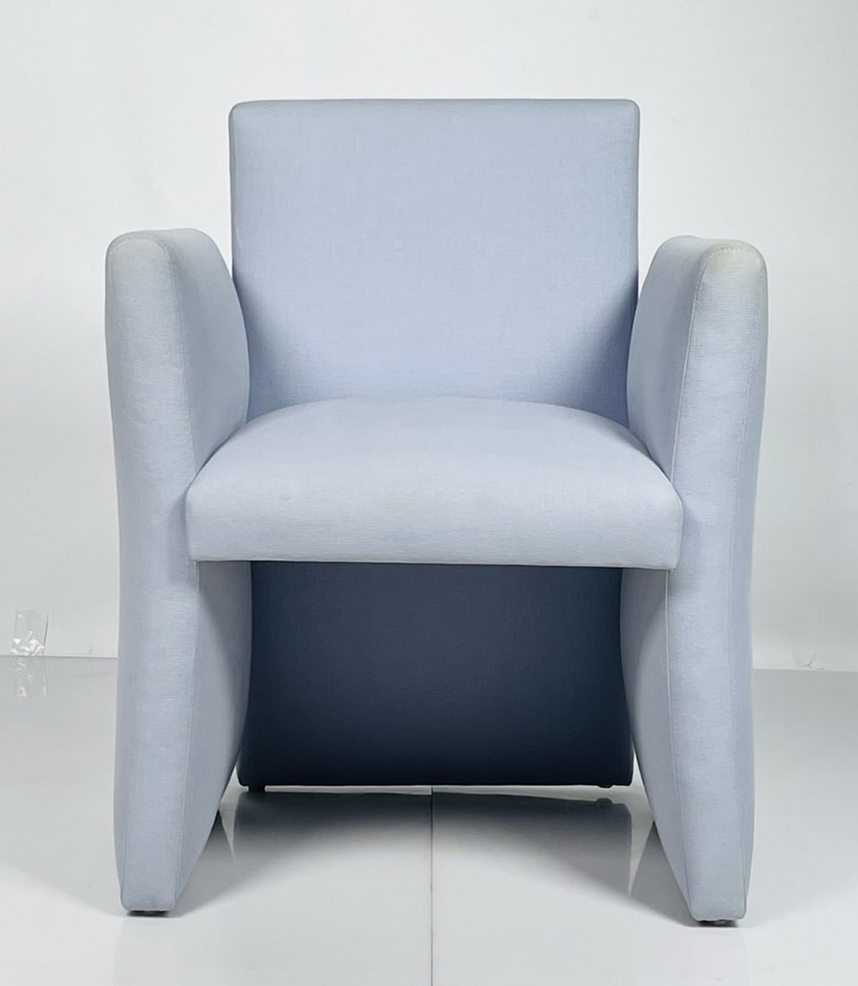 Vintage Arm Chair attb to Thayer Coggin: Vintage arm chair attributed to Thayer Coggin, upholstered in a light blue fabric. Measurements: 32.75 inches high x 26 inches wide x 23 inches deep x 19 inches seat height x 26.50 inches arm height.