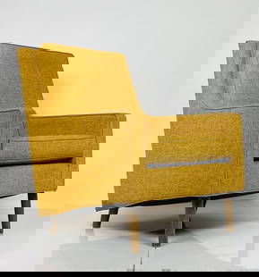 Mid-Century Modern Style Armchair made in the USA: Midcentury modern style arm chair designed and manufactured in the USA by Thrive Furniture in Los Angeles, upholstered in a Mustard yellow upholstery. Measurements: 41.25 inches high x 33.25 inches
