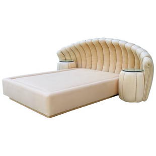 Vintage Queen Size, Shell Shaped Bed with Integrated Nightstands, USA 1970's: Vintage queen size bed in a shell shaped form with integrated nightstands. The bed has a beautiful shape, and it shows really well. Measurements: 106 inches wide (headboard) x 60 inches wide (platform