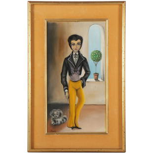 Folk Art Style Oil Painting of Figure & Dog, Signed: Artist: Paulo Untitled (portrait of young man and dog), mid to late 20th century Oil painting on composite board Signed Paulo to the lower left Item not examined outside of mounting 