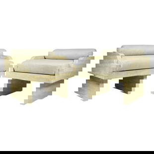 Pair of Travertine Arm Chairs Attb to Stephane Parmentier: Stunning pair of armchairs designed and manufactured in France. Made in solid travertine, beautiful architectural lines and upholstered in an off white fabric. The chairs are attributed to Stephane