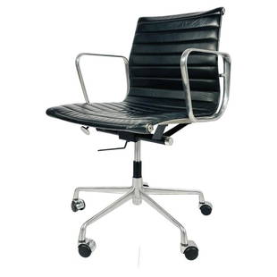 Aluminum Group Chair by Charles Eames for Herman Miller: Eames Aluminum group office chairs in black leather. The Eames management chair is part of the Eames Aluminum Group Collection. These distinctive chairs resulted from the Eames's experimentation with