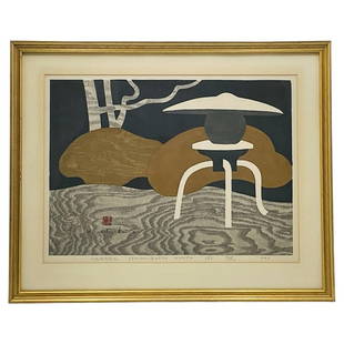 Kiyoshi Saito Japanese Woodblock Titled Garden Sendo-Gosyo Kyoto, #33/150: Woodblock print by Kiyoshi Saito (1907-1997). Titled in pencil: Garden Sendo-Gosyo Kyoto (B) The piece signed, dated and titled. Measurements: 27.25 inches wide x 7/8 inches projection from the wall