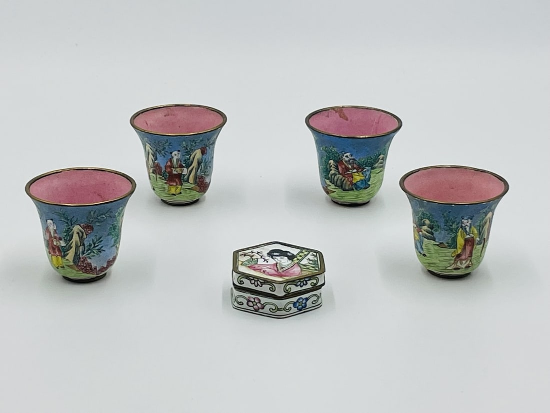 Set of 4 Peking Enamel on Copper Cups & Enamel Trinket Box (1 of 14)