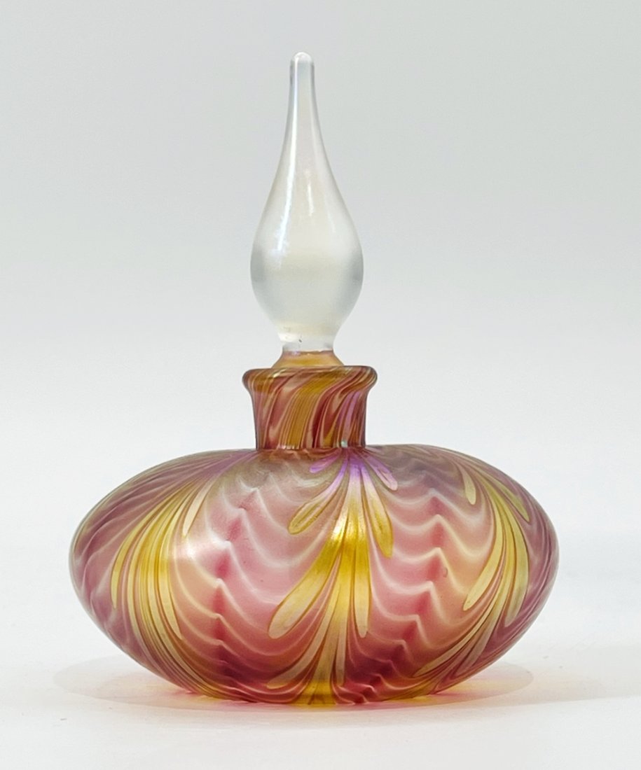 Lundberg Studios Art Glass Perfume Bottle Pulled Feather Iridescent (1 of 4)