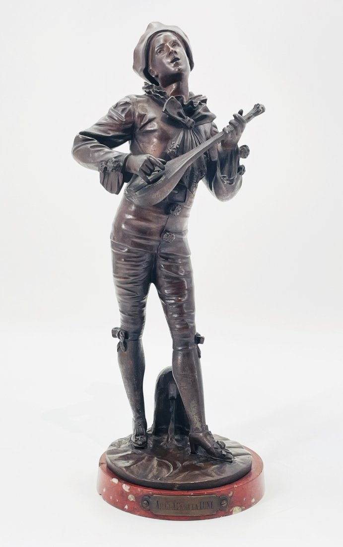 Adolphe Jean Lavergne (France 1852-1901) Bronze Sculpture, -Au Clair de la Lune-: Vintage bronze sculpture by Adolphe Jean Lavergne, signed and titled Au Clair de la Lune. Measurements: 15 inches high x 5.75 inches base diameter. All items are sold as is. The auction house does not
