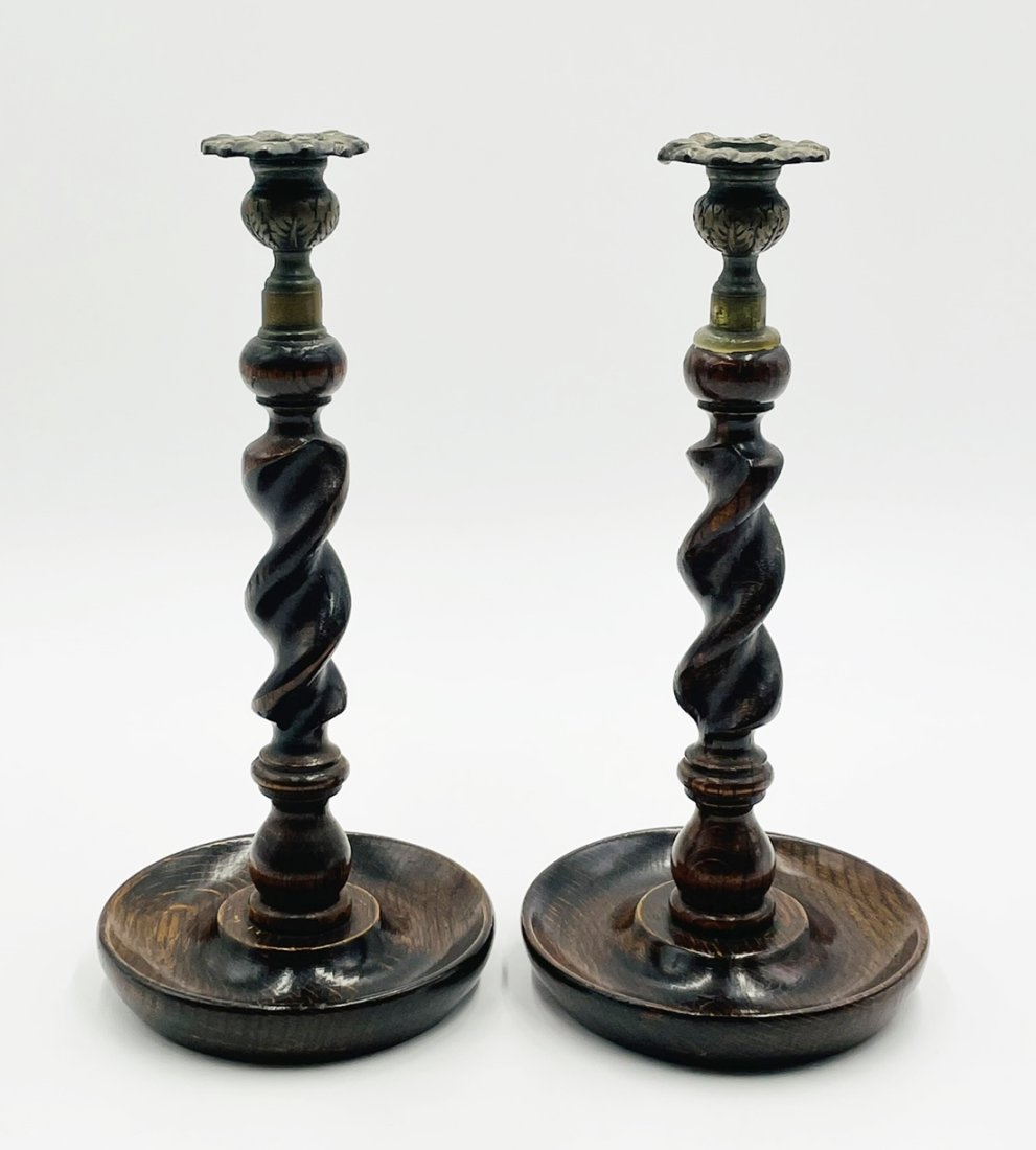 Pair Antique English Oak Barley Twist Candle Holders With Brass Accents: Pair antique English oak barley twist candlesticks/candle holder brass. Direct from England, another lovely pair of antique English oak barley twist candlesticks, these quite special as they are quite